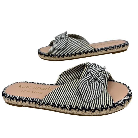 kate spade Shoes - Kate Spade Slide Sandals Size 8 Blue Stripe Saltie Shore Espadrille Flat Bow